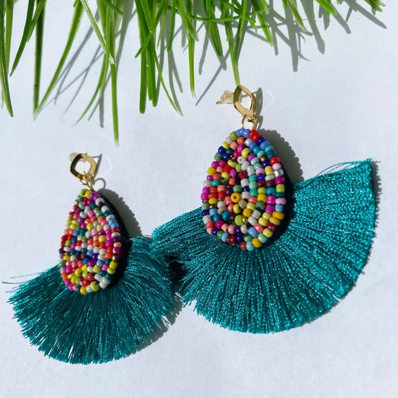 Handmade Jewelry - Handmade Teal Tassel Bead Drop Earrings - Colorful Seed Bead Teardrop
